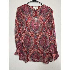 ETCETERA Silk Blend Burnout Velvet Long Sleeve Red Floral Paisley Blouse Sz 12